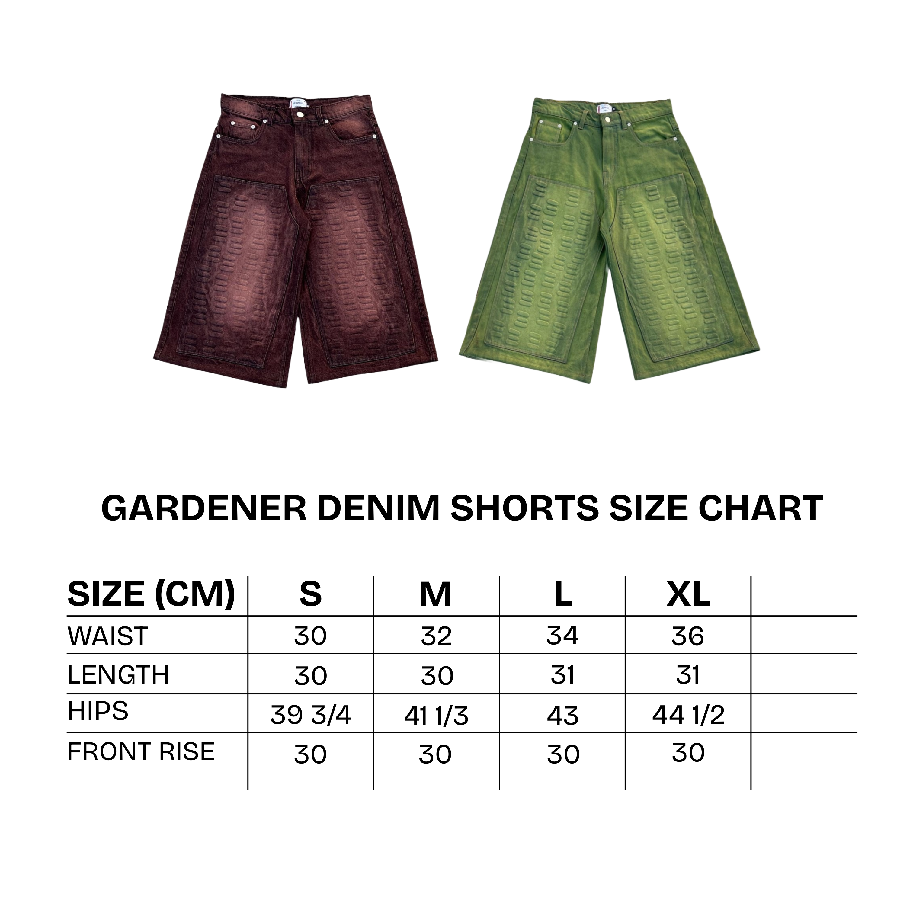 Gardener denim shorts with a size chart on a white background