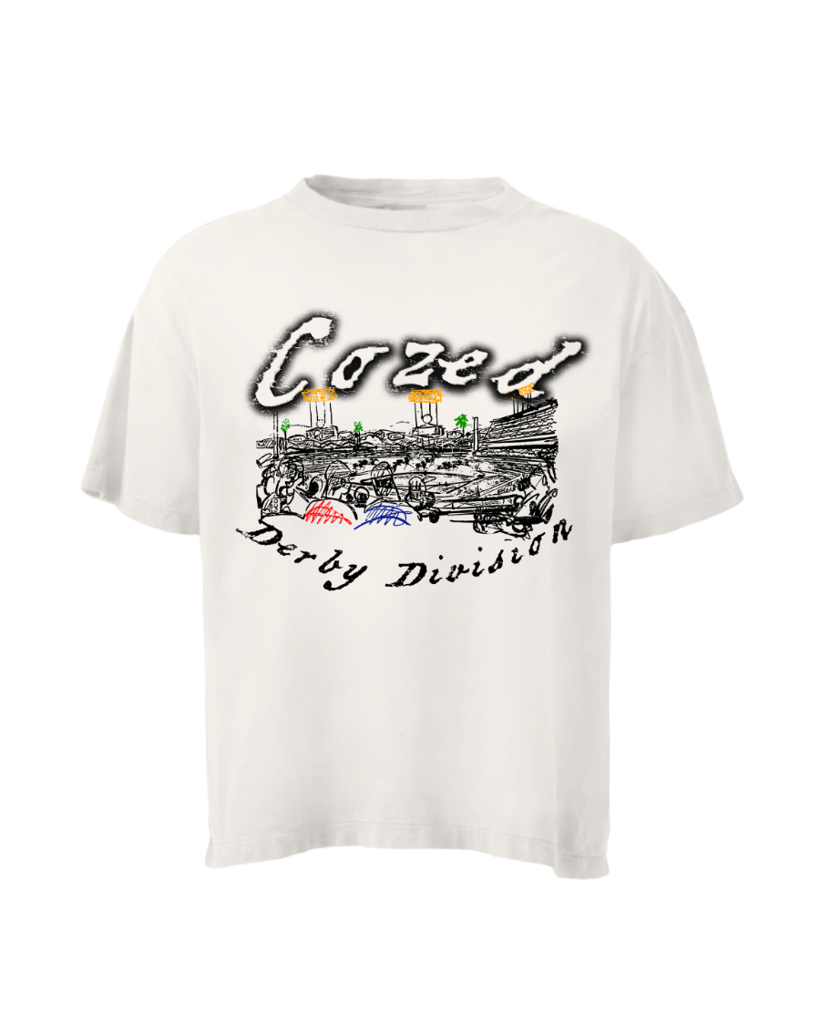 White t-shirt with a graphic design on a white background