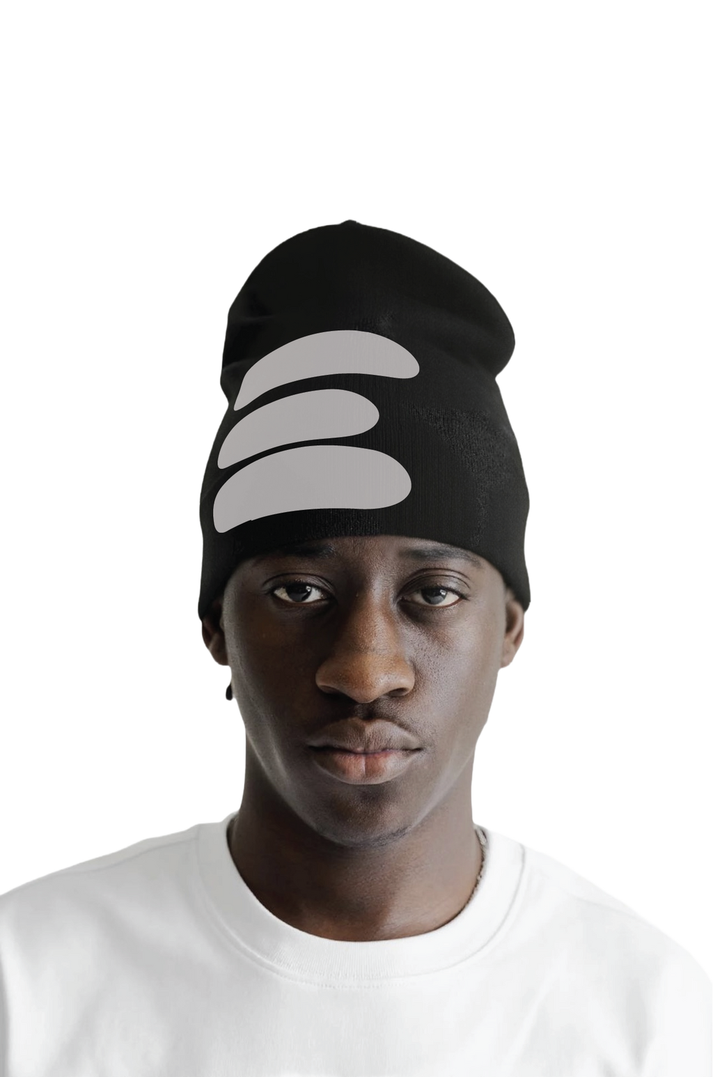 Person wearing a black beanie with a logo on a white background