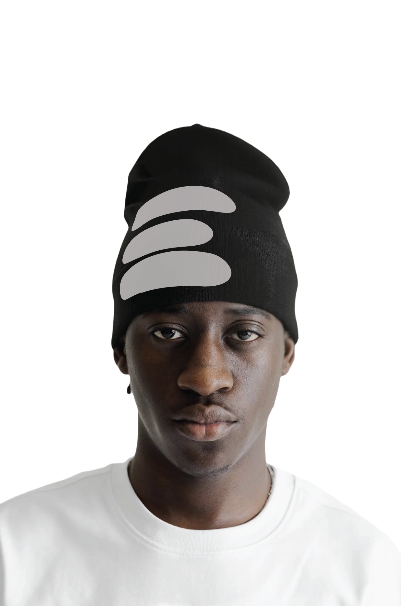 Person wearing a black beanie with a logo on a white background