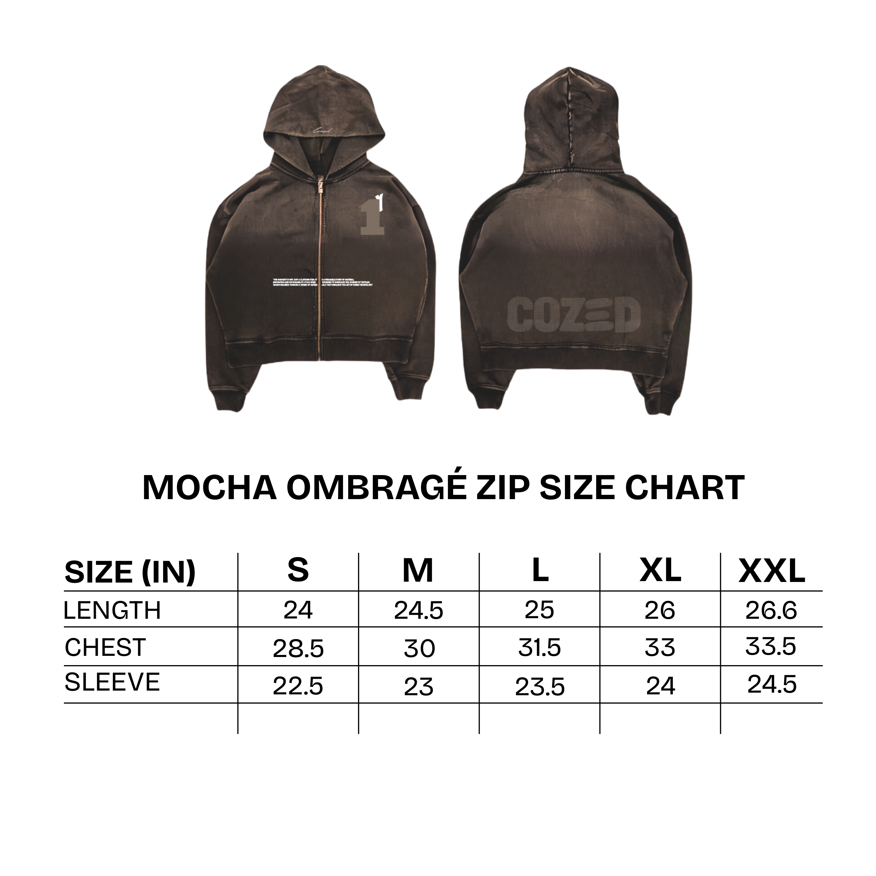 Brown zip-up hoodie with size chart on a white background