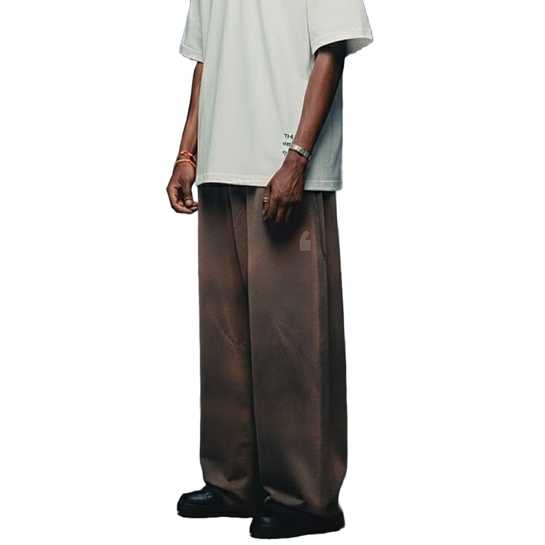 Person wearing a white t-shirt and brown wide-leg pants on a white background