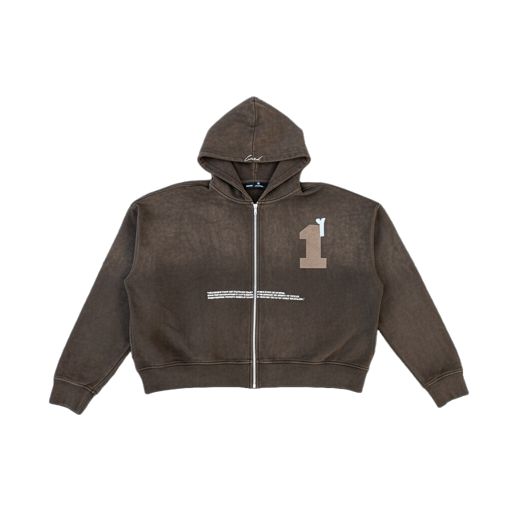 Brown hoodie with a small graphic on the chest against a white background