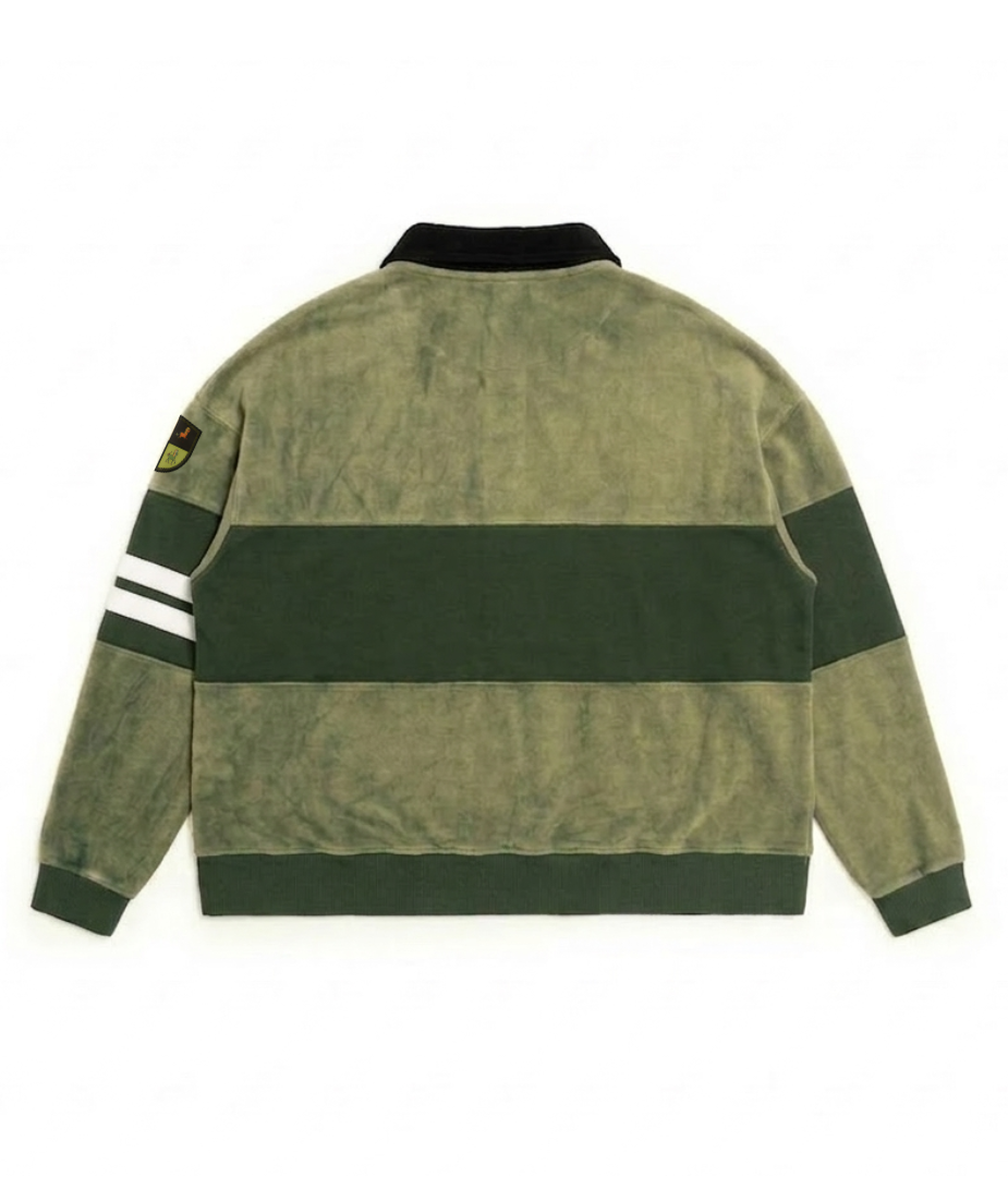 Green jacket with a striped sleeve on a white background