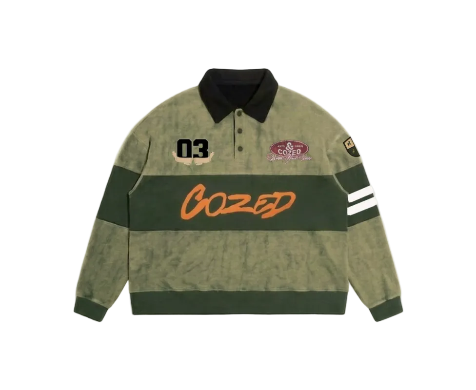 Green and black jacket with 'Cozed' branding on a white background