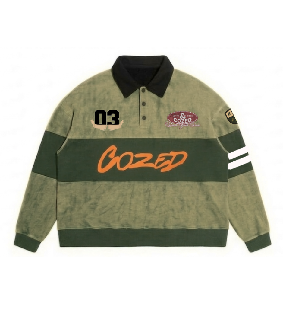 Green and black jacket with 'Cozed' branding on a white background