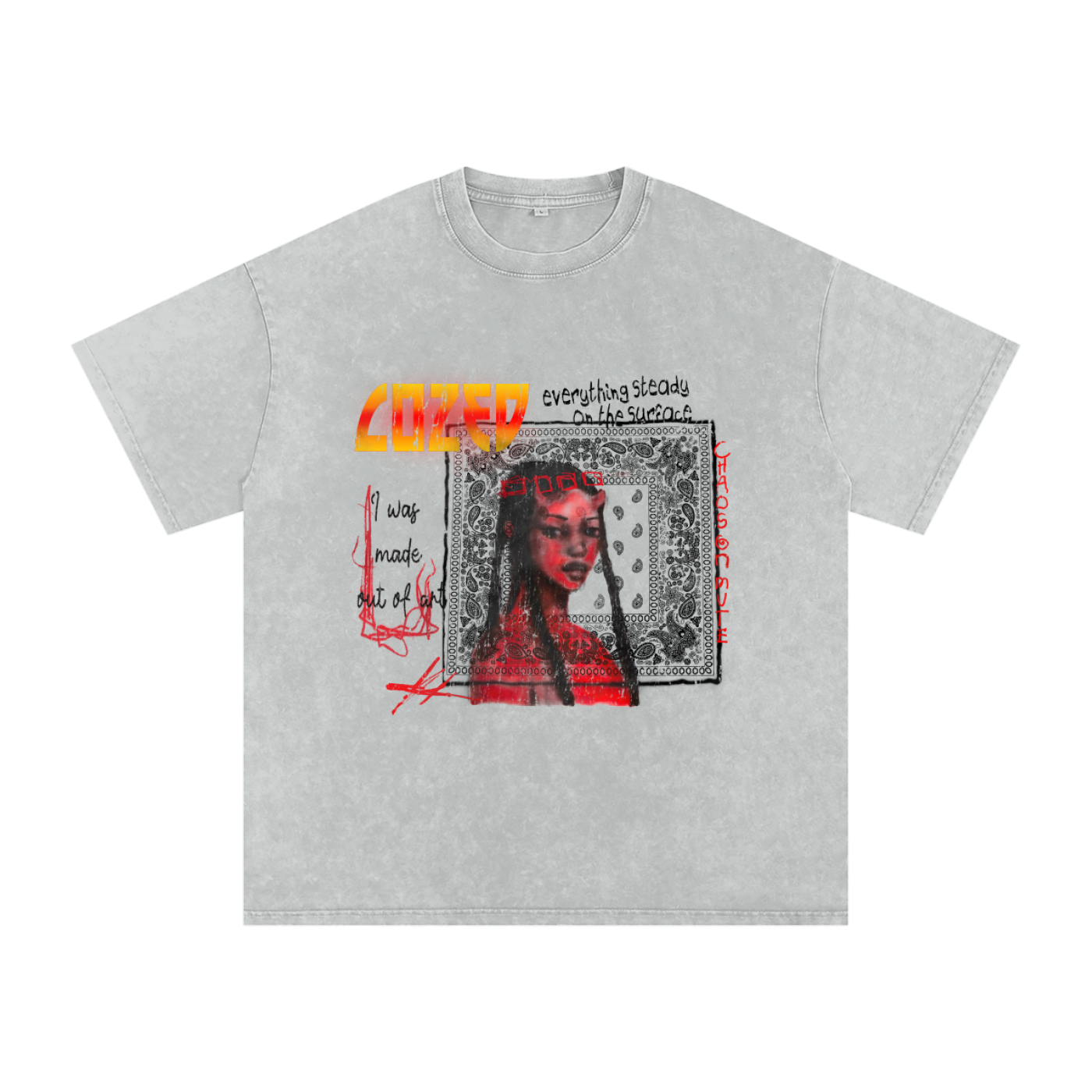 Gray t-shirt with graphic design and text on a white background